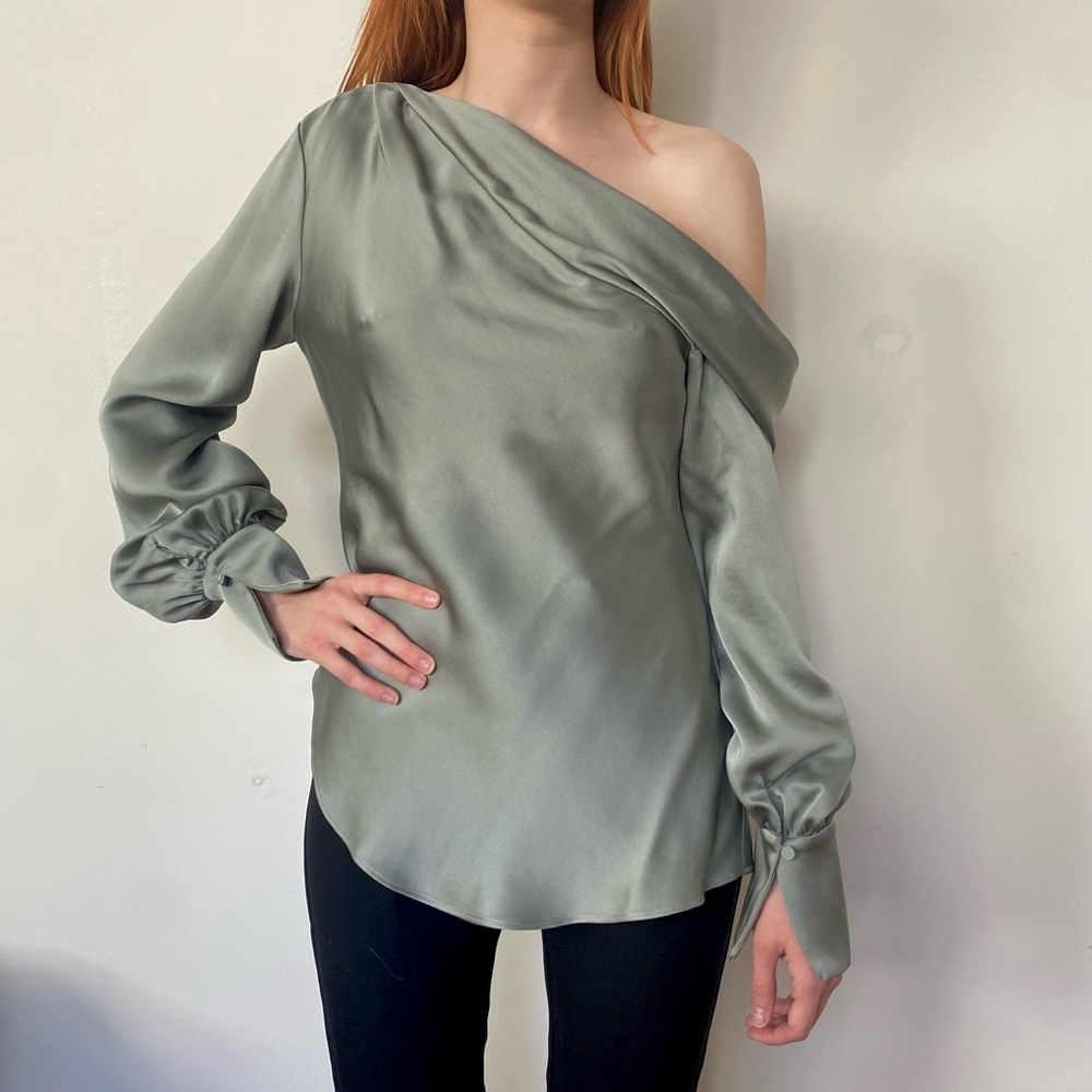 Sage green Jonahthan Simkhai off the shoulder blouse